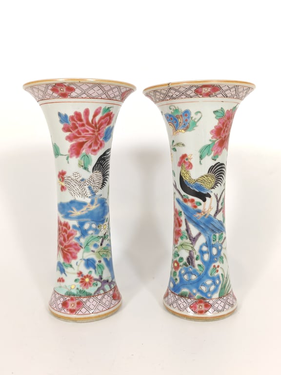 Qing Dynasty, Yongzheng Period, A pair of Famille Rose Pheasant Flowers Butterflies Vases 清雍正 一对白地粉彩雉鸡花卉蝴蝶纹花觚, Qty-2