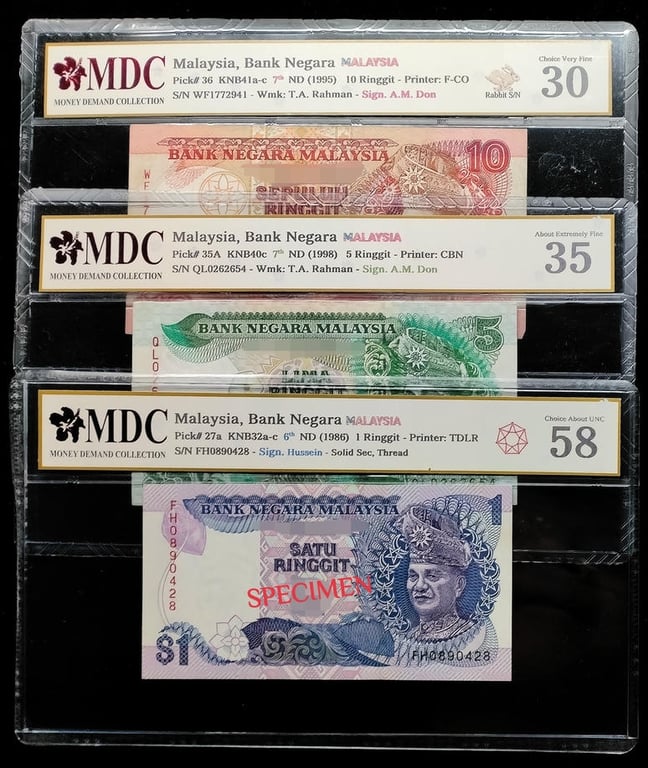 3pcs Lot: Malaysia 6th - 7th Series 1986 - 1995 | 1 - 10 Ringgit | MDC 58 / 35 / 30 | Serial: FH0890428 / QL0262654 / WF1772941 | P#27a, P#35A, P#36
