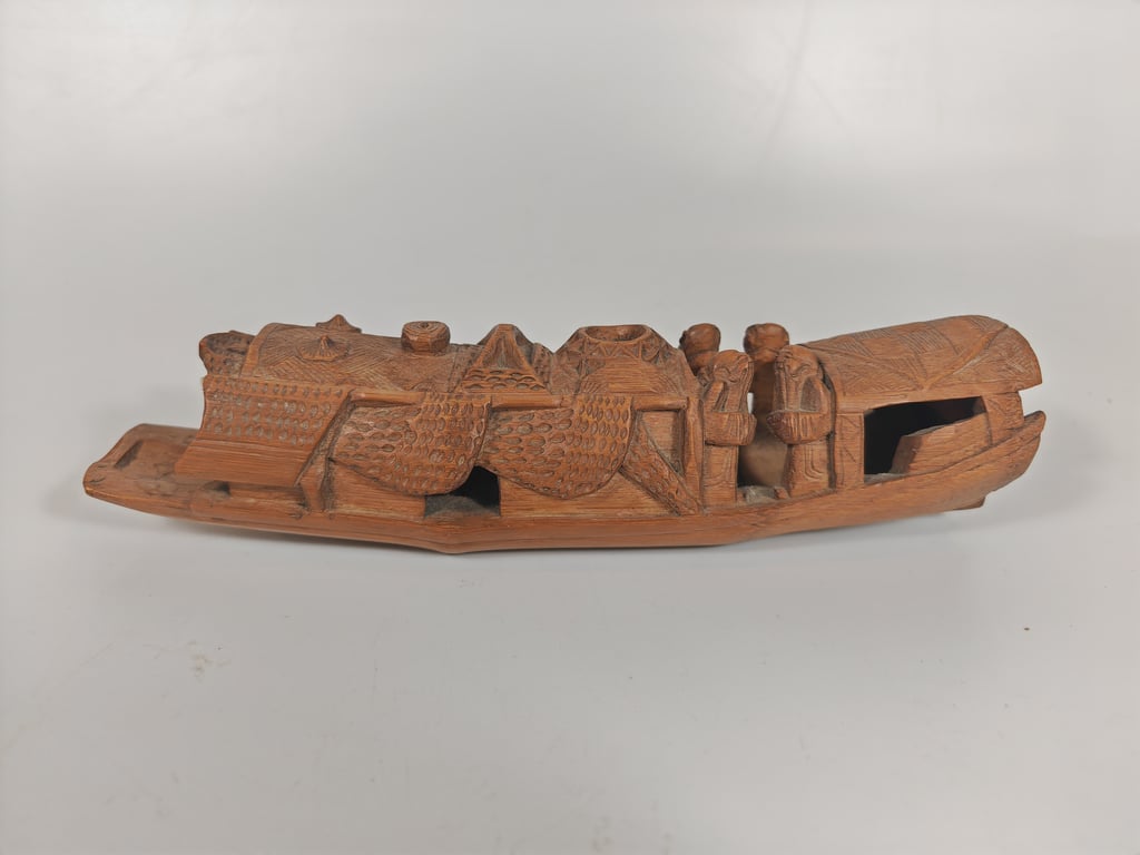 Chinese Hand-Carved Bamboo Sampan Boat Figurine