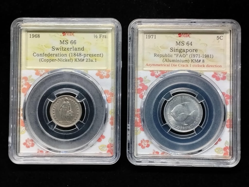 2pcs Mixed Lot: Singapore / Switzerland 1968 / 1971 | 5cent / 1/2Fra | MDC MS 64 / MS 66 | KM#8 / KM#23a.1