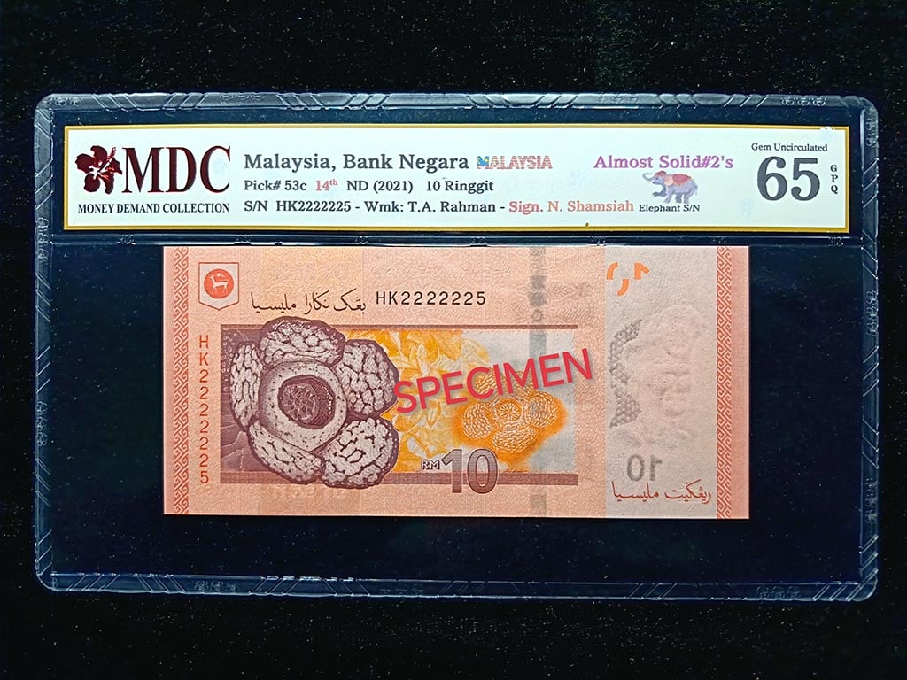 Malaysia，2021，10 Ringgit，HK2222225，Tan Sri Nor Shamsiah binti Mohd Yunus，MDC 65GPQ，Almost Solid#2's，Qty 1
