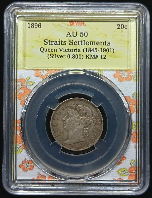 Straits Settlements，1896，20 cents，Silver 0.800 - 5.43g，MDC AU 50