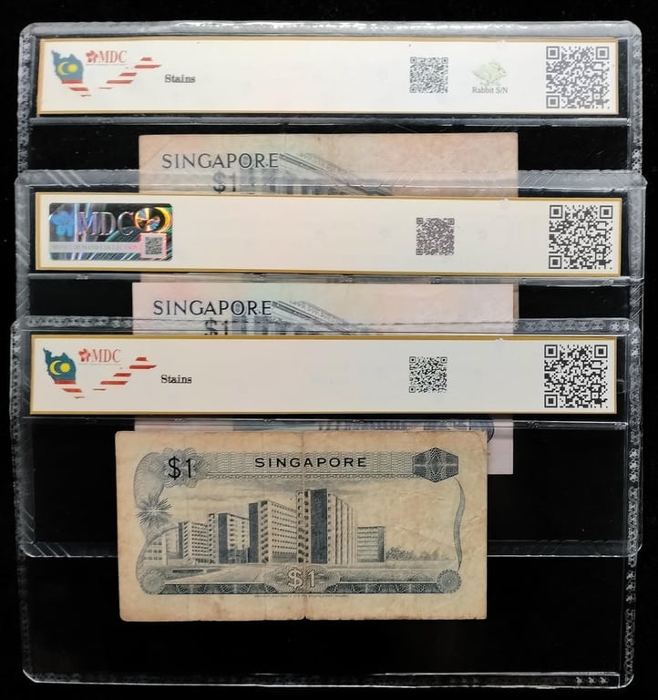 3pcs Lot: Singapore. 1972 / 1976 | 1 Dollar | MDC 20 / 55 / 25 | Serial :E/9 878771 & F/23 129365 & D/97 126637 | P#1d. P#9