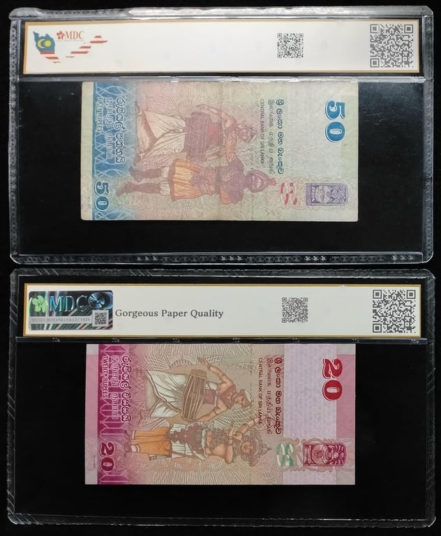 3pcs Mixed Lot : Paises Bajos. Sri Lanka. 1999. 2021. 2016 | 50 Euro / 20 - 50 Rupees | MDC MS 60 / 64 GPQ / 25 | Serial : W/645 626174 & V/237 159965 | KM#239. P#123h. P#124d