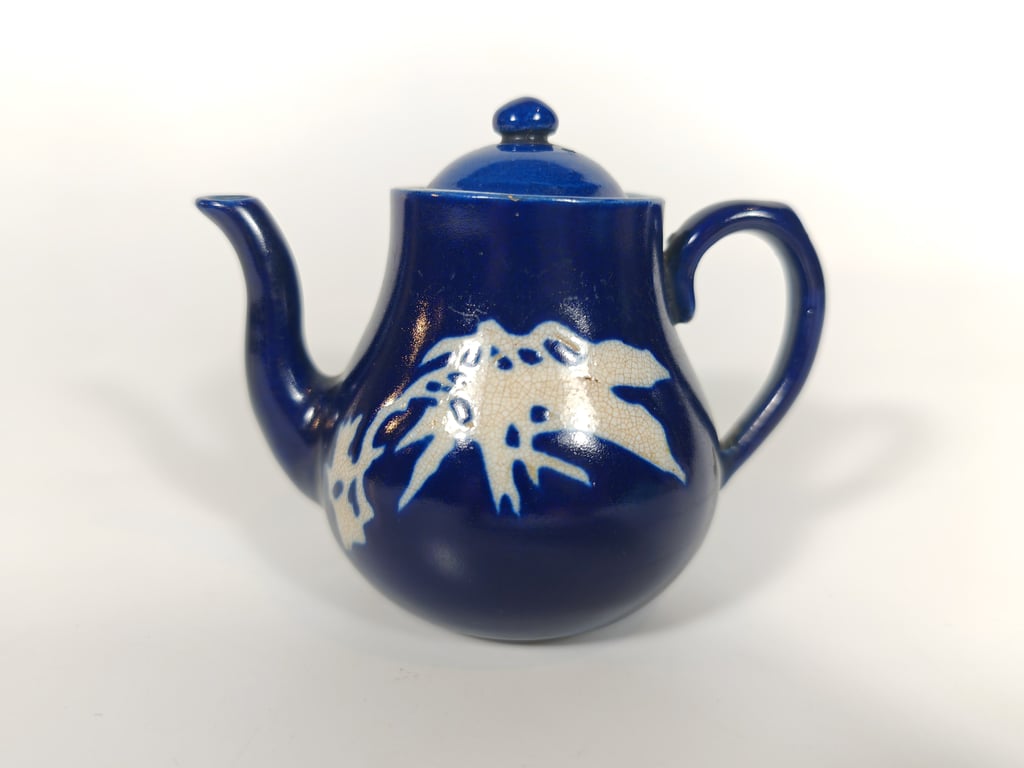 Cobalt Blue Pear Shape White Leaf Motif Teapot