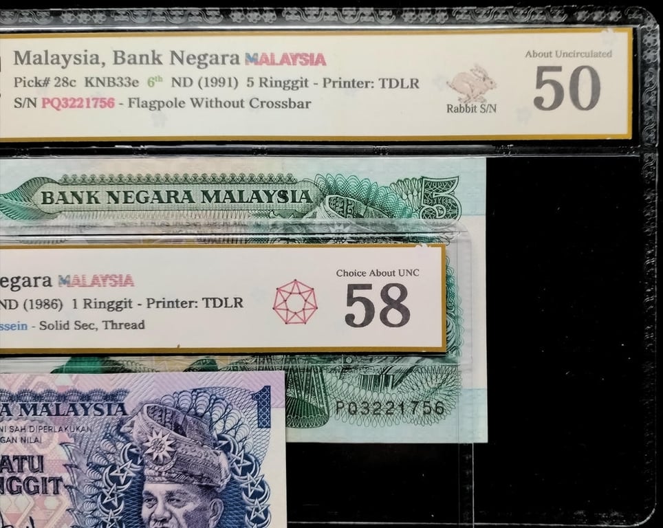 2pcs Lot: Malaysia. 1986 / 6th Series 1991 | 1 Ringgit / 5 Ringgit | MDC 58 / 50 | Serial : FH0890437 & PQ3221756 | P#27a. P#28c.