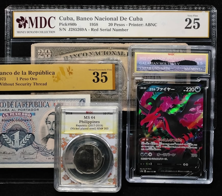 4pcs Mixed Lot: Pokemon / Philippines / Colombia / Cuba. 2018 / 2022 / 1973 / 1958 | 10 Piso / 1 Peso Oro / 20 Pesos | MDC 8.5 NM Mint+ / 10 Piso / 35 / 25 | Serial: 82742919 & J285269A | KM#303. P#404e. P#80b