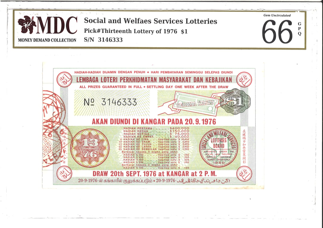 Malaysia, 1976, $1, Social and Welfaes Services Lotteries, 3146333, MDC 66GPQ