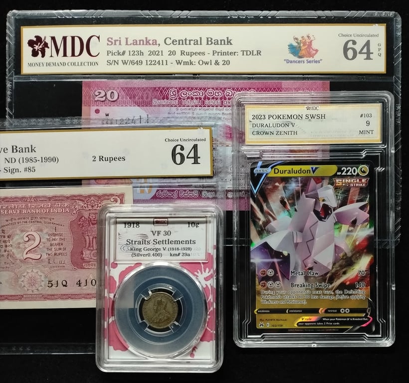 4pcs Mixed Lot: Straits Settlements / Pokemon / India / Sri Lanka. 1918 / 2023 / 1985-1990 / 2021 | 10 Cents / Duraludon V / 2 Rupees / 20 Rupees | MDC VF 30 / 9 Mint / 64 / 64 GPQ | Serial : Silver 0.400 - 2.71g & 103/159 ★ & 5JQ410537 & W/649 122411 | KM#29a. P#53Ad. P#123h.