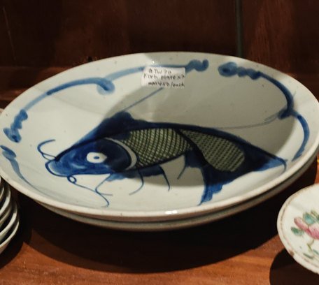 Blue and white porcelain bowl featuring a hand-painted koi fish motif, Qty-2