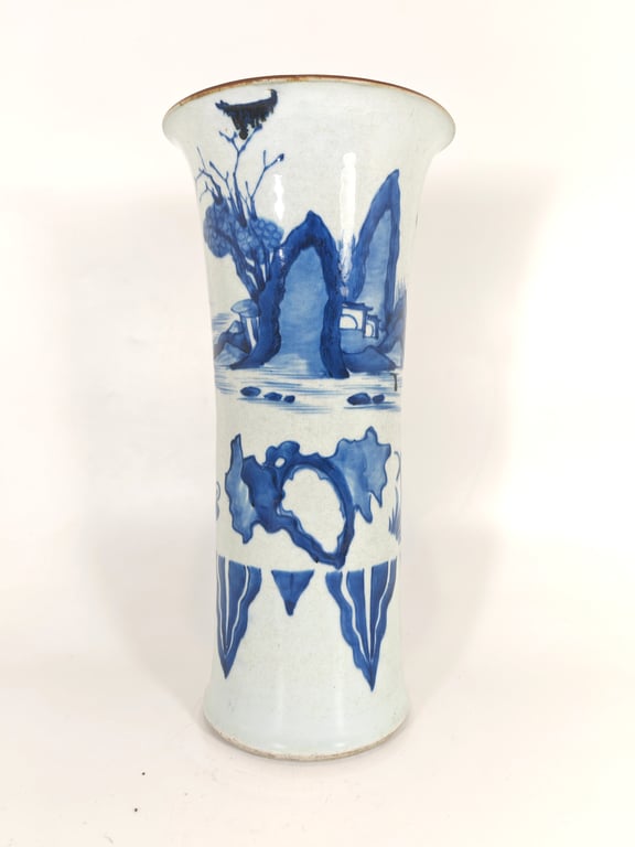 ⭐ Early Qing Dynasty Blue and White Mountain River Vase 清早期 青花山水纹花觚