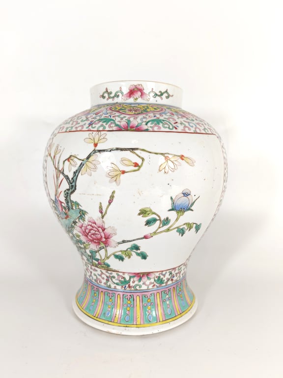 Late Qing Dynasty White Ground White Inner Panel Four Seasons Flowers Scrolls Magpie General Vase (Without Cover) 晚清 白地开光四季花卉缠枝喜鹊无盖将军罐, Qty - 1