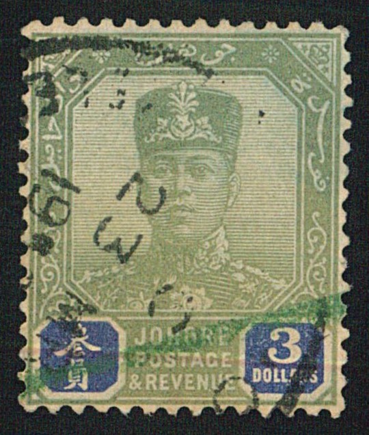 Johore, 1925, Stamp, Used, Sultan Sir Ibrahim definitive $3 green & blue watermarked multiple script CA
