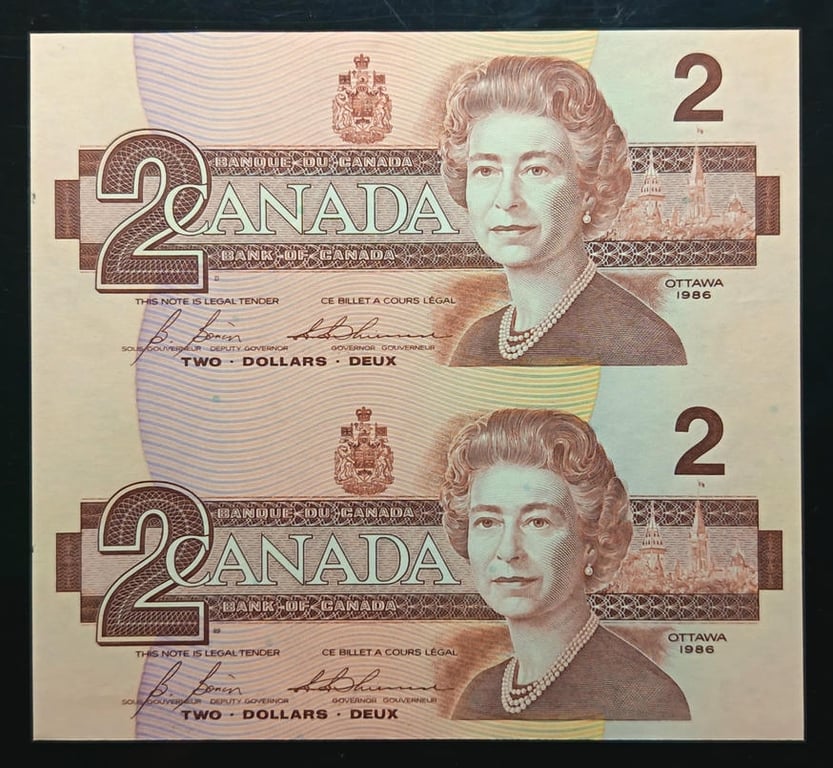 P#94. Canada. 1986. 2 Dollars. CBK 7866771 / CBK 7869271. Uncut Sheet of 2. UNC
