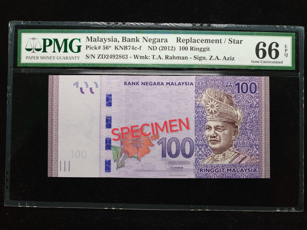 Malaysia，2012，100 Ringgit，ZD2492863，Tan Sri Dato' Sri Dr. Zeti Akhtar Aziz，PMG 66 EPQ，Replacement #ZD，Qty 1