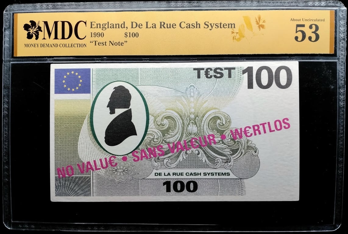 England. De La Rue Cash System. $100. 1990. Test Note. MDC 53