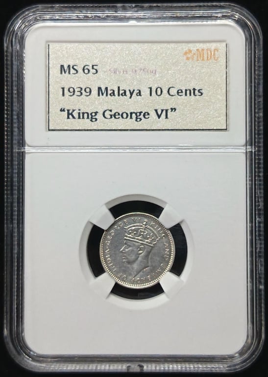 Malaya. 10 Cent. 1939. Sliver 0.750g. MDC MS 65