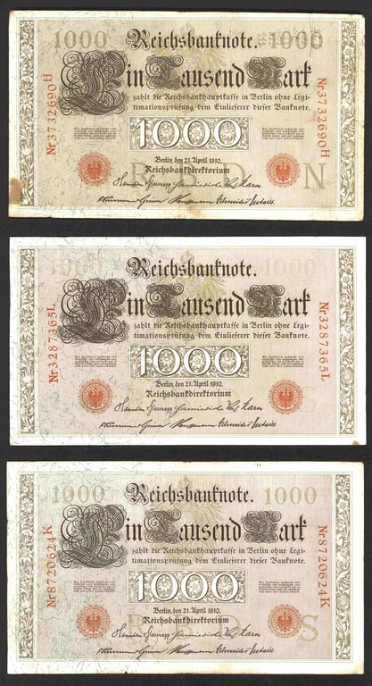 Germany, 1910, 1000 Reichsmark, 3732690H, 8720624K & 3287365L, F, Foxing, Stain, Sold as is, no return, Qty-3