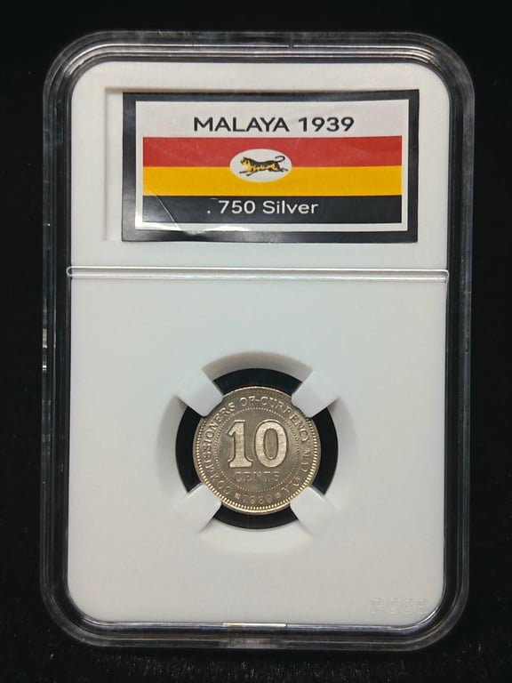 Malaya，1939，10 Cents，Silver 0.750 / 2.71g，UNC，1 Qty 