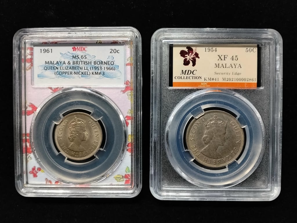 2pcs Lot: Malaya & British 1954 / 1961 | 50 cents & 20 cents | MDC XF 45 / MS 65