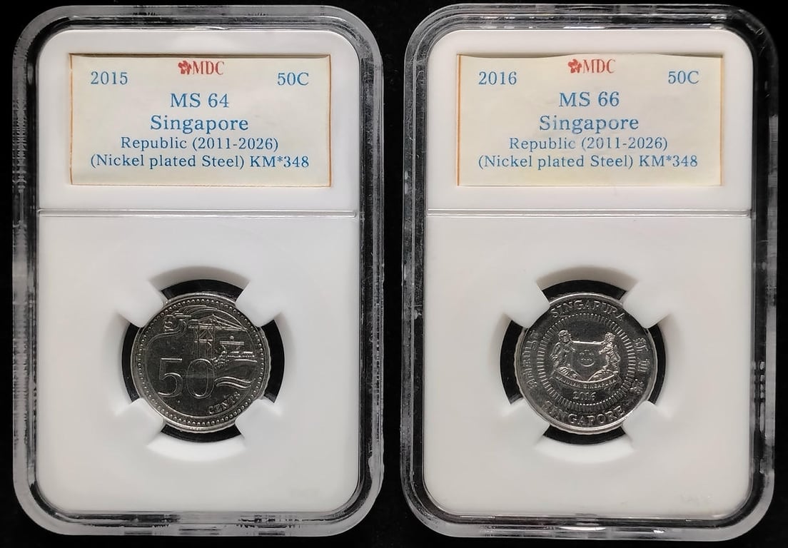 2pcs Lot: Singapore. 2015 / 2016 | 50 Cents | MDC MS 64 / MS 66 | KM#348.