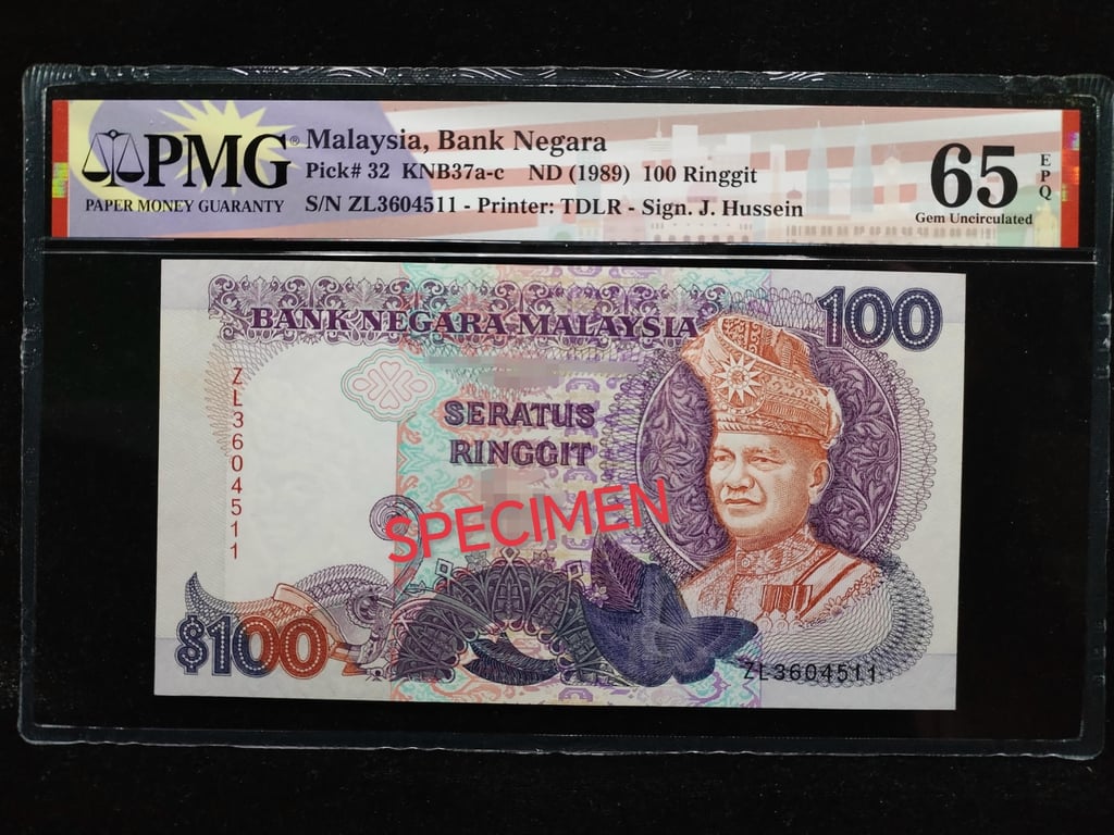 Malaysia，1989，100 Ringgit，ZL3604511，Tan Sri Dato' Jaffar Bin Hussein，PMG 65 EPQ，Qty 1