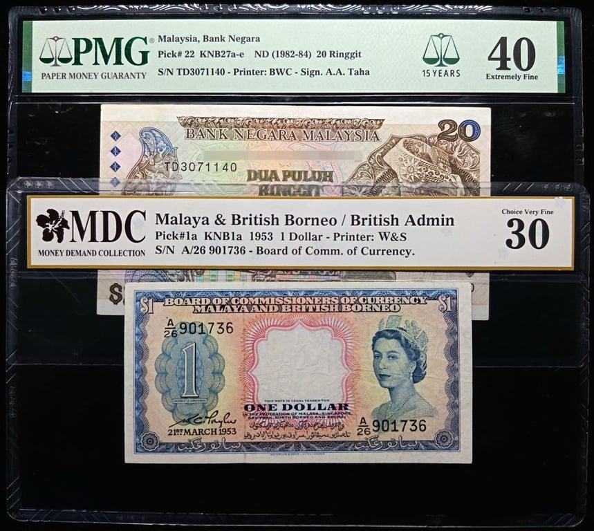 2pcs Mixed Lot: Malaya / Malaysia. 1953 / 1982 | 1 Dollar / 20 Ringgit | MDC 30 / PMG 40 | Serial : A/26 901736 / TD3071140 | P#1a. P#22