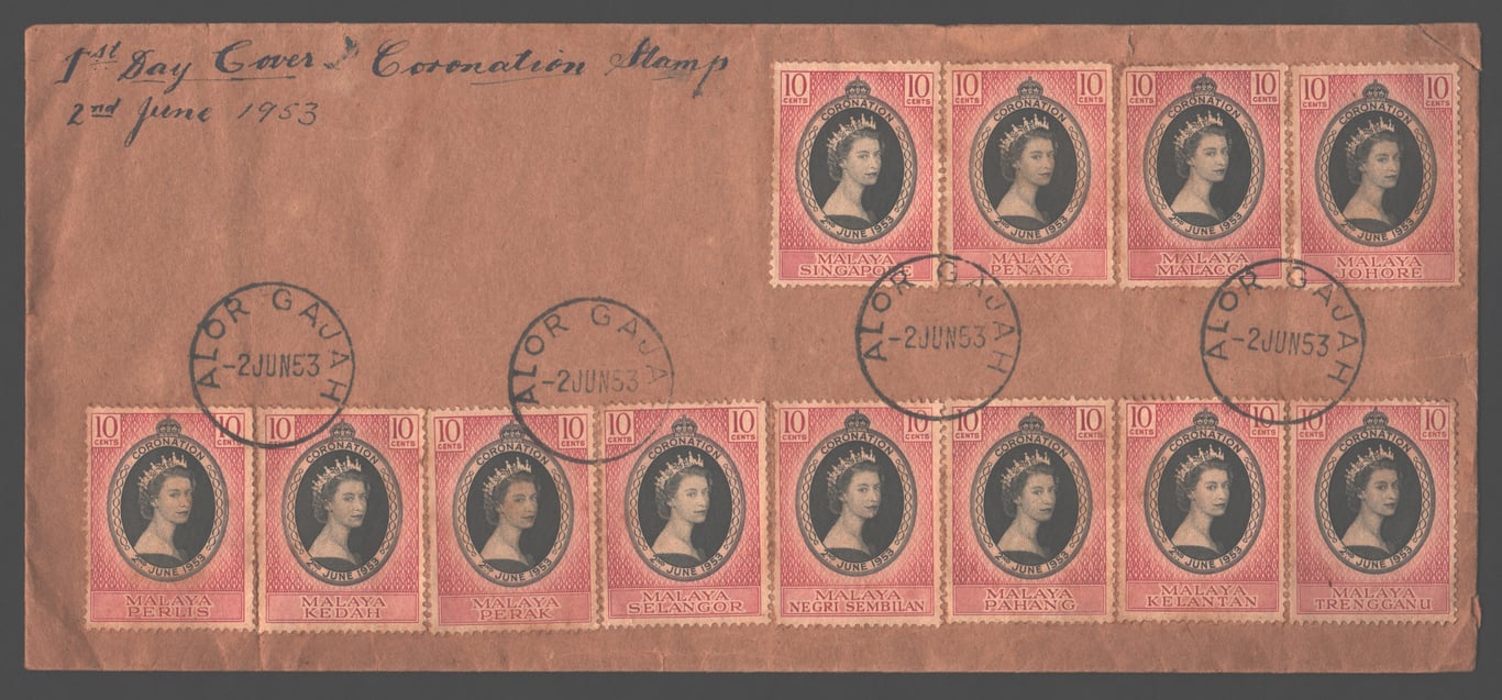 Malaya States, 1953, Used, Malaya States complete set of 1953 QEII Coronattion of 11 states + Singapore on FDC