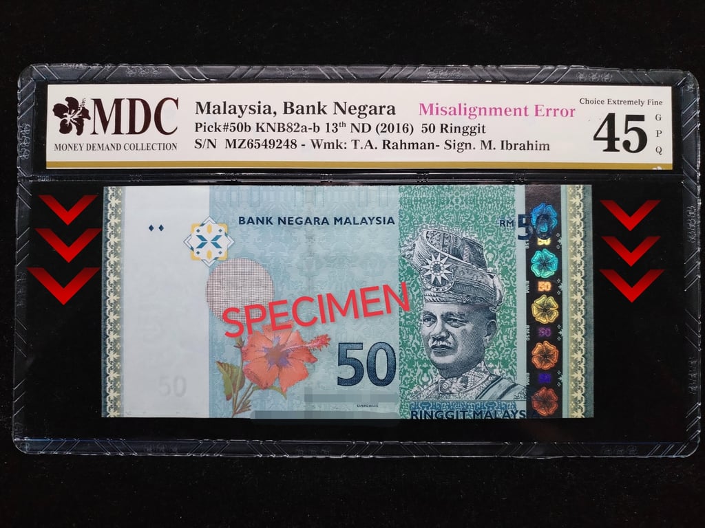 Malaysia，2016，50 Ringgit，MZ6549248，Tan Sri Dato' Seri Muhammad bin Ibrahim，MDC 45 GPQ，Misalignment Error，Qty 1