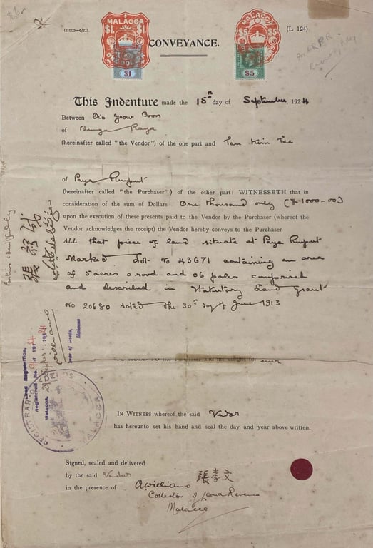 Straits Settlements (Malacca, Malaysia), 1924, Malacca Land Conveyance Document Featuring $1 & $5 "MALACCA" Embossed Revenue Markings