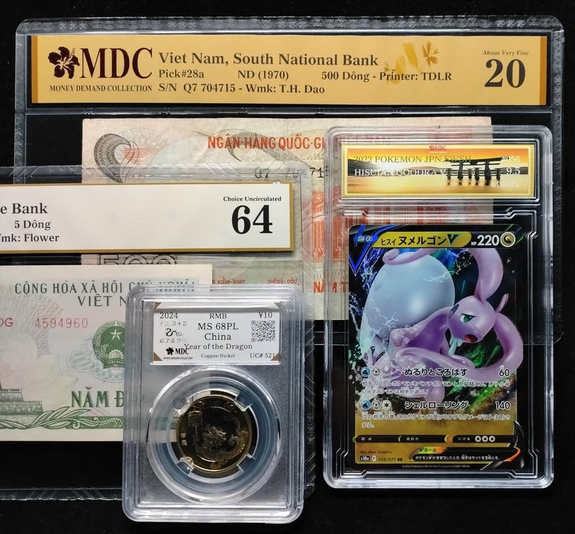 4pcs Mixed Lot: Pokemon / Belgium / Sri Lanka. 2022 / 2004 / 2016 / 2021 | Hisuian Goodra V / 20 Cents / 50 Rupees / 20 Rupees | MDC 9.5 Mint+ / MS 65 / 25 / 66 GPQ | Serial : 056/071 RR & V/229 978392 & W/652 116868 | P#124d. P#123h.