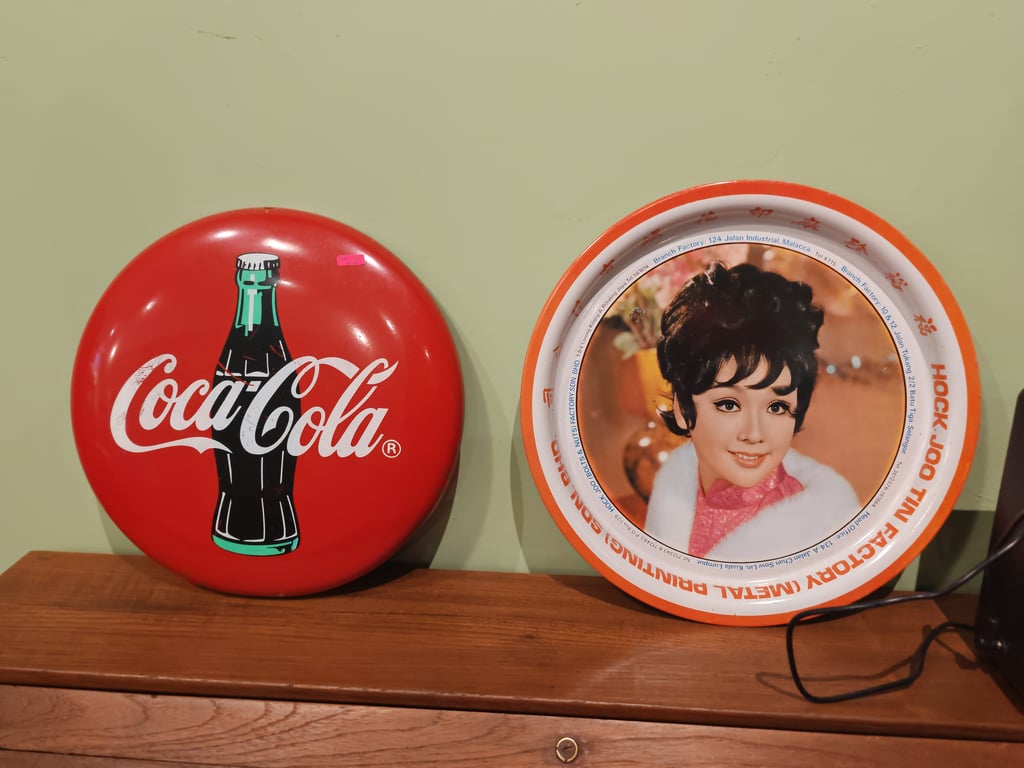 Vintage Hock Joo Tin Factory Metal Printing Portrait Tray and Vintage Coca-Cola Button Advertising Sign, Qty-2