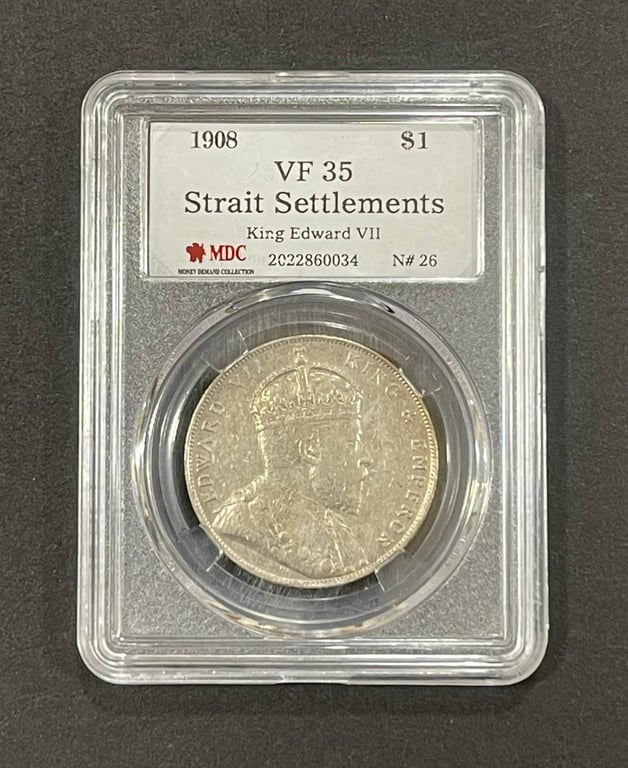 Strait Settlements, 1908, 1 Dollar, Vintage Coin, 2022860034, MDC VF 35, Qty-1