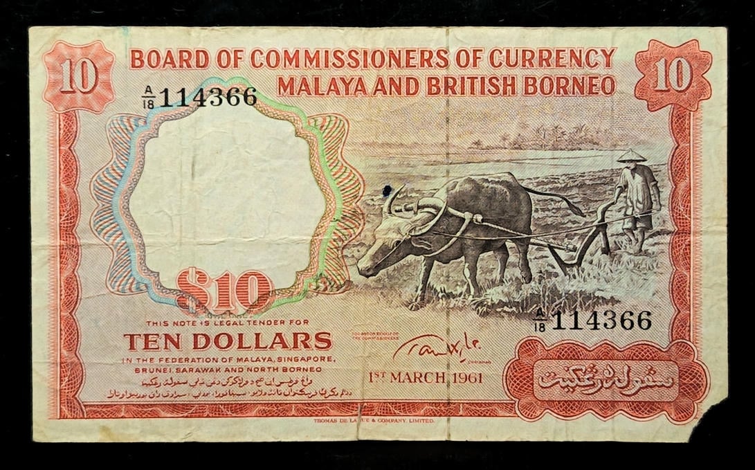 P#9. Malaya. 1961. 10 Dollars. A/18 114366. GVF - VF. Missing Corner