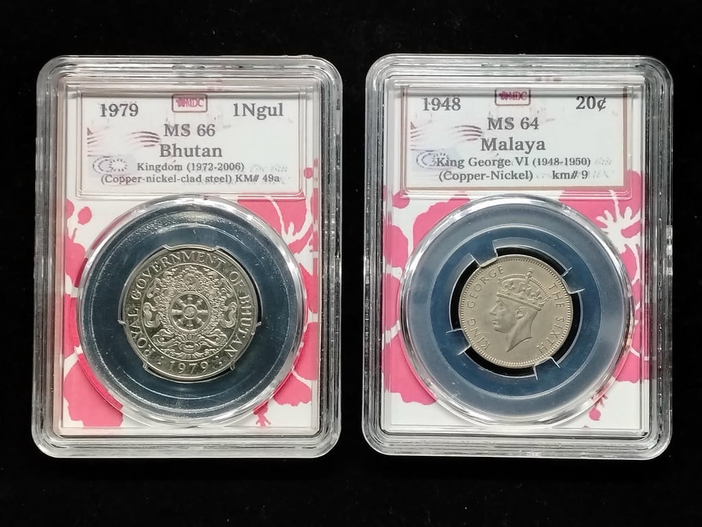 2pcs Mixed Lot: Malaya / Bhutan 1948 / 1979 | 20 cents & 1 Ngul | MDC MS 64 / MS 66