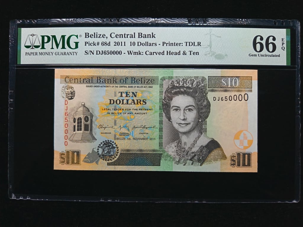 Belize，2011，10 Dollars，DJ 650000，PMG 66 EPQ，1 Qty 