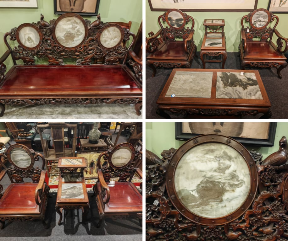 Vintage Wooden Carved Marble Chairs, Bench and Tables, Qty-1 Set of 8 Pieces