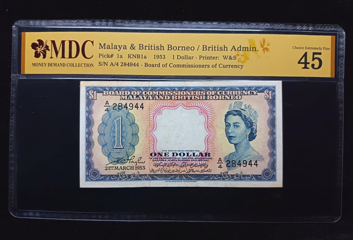 P#1a, Malaya，1953，1 Dollar，A/4 284944，MDC 45