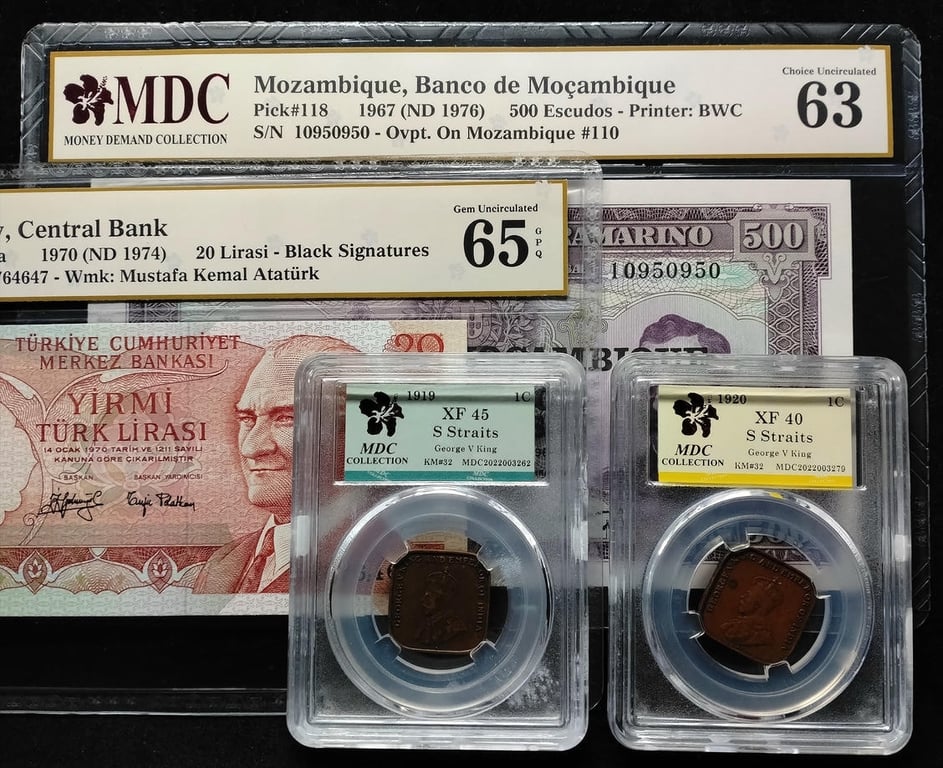 4pcs Mixed Lot: Straits Settlements / Turkey / Mozambique. 1919 / 1920 / 1970 / 1967 | 1 Cent / 20 Lirasi / 500 Escudos | MDC XF 45 / XF 40 / 65 GPQ / 63 | Serial : F8964647 & 10950950 | KM#32. P#187a. P#118.