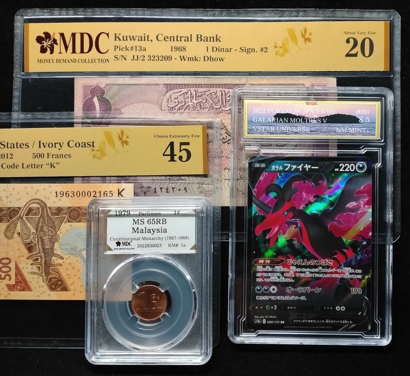 4pcs Mixed Lot: Pokemon / Malaysia / Western African States / Kuwait. 2022 / 1979 / 2012 / 1968 | Galarian Moltres V / 1 Cent / 500 Francs / 1 Dinar | MDC 8.5 NM / Mint+ / MS 65 RB / 45 / 20 | Serial : 080/172 RR & 19630002165 & JJ/2 323209 | KM#1a. P#119A. P#13a.
