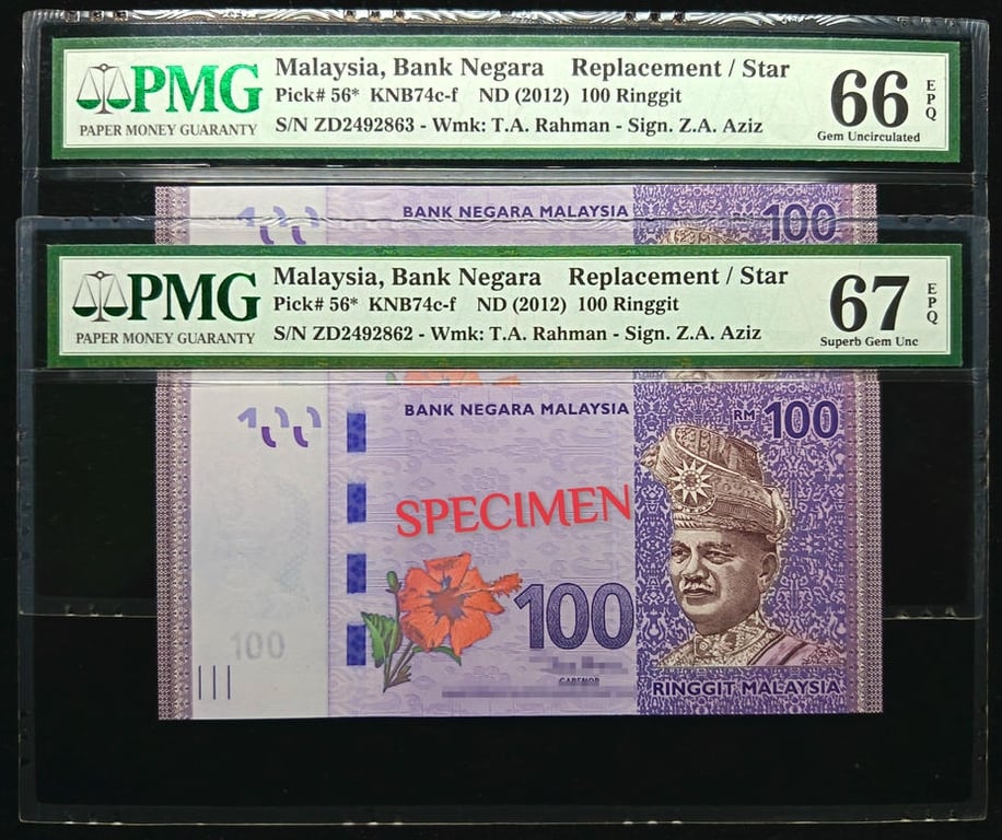 2pcs Lot: Malaysia. 12th Series 2012 | 100 Ringgit | PMG 67 EPQ / 66 EPQ | 2pcs Running Number. Replacement #ZD's | Serial: ZD2492862 & ZD2492863 | P#56*