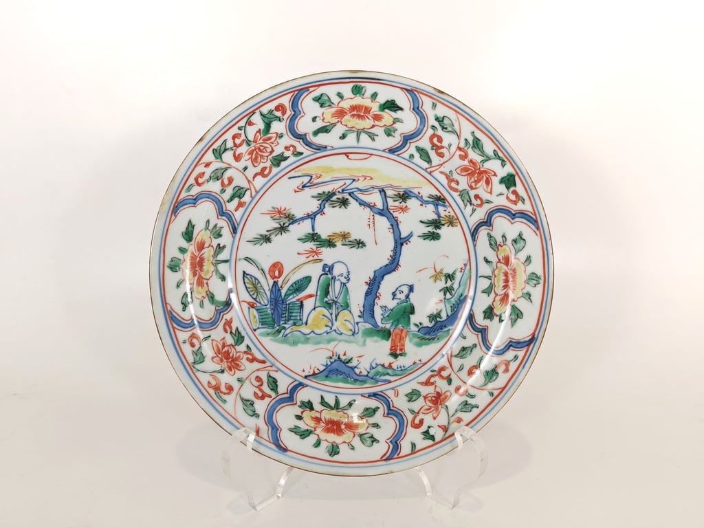 明晚期 五彩花卉人物盘 Late Ming Dynasty Wucai Flowers Figurative Plate, Qty-1