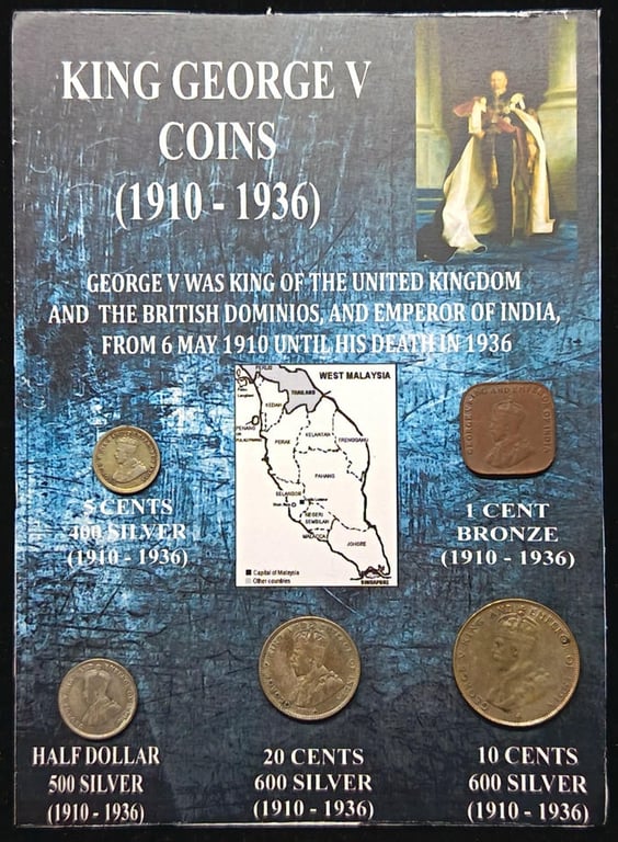 Straits Settlements. 1 Cent | 5 Cents ( Silver 0.600 - 1.35g )| 10 Cents ( Silver 0.600 - 2.71g ) | 20 Cents ( Silver 0.600 - 5.43g ) | 50 Cents ( Silver 0.500 - 8.42g ). 1910 -1936. VF - EF