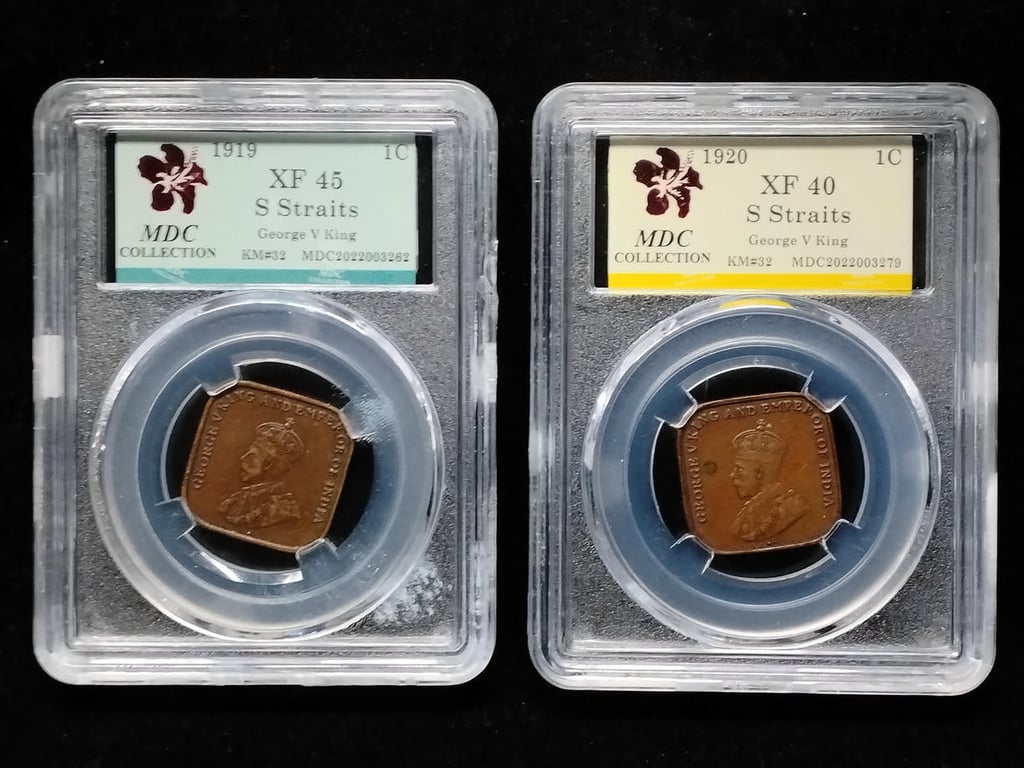 2pcs Lot: Straits Settlements 1919 / 1920 George V King | 1 cent | MDC XF 40 / XF 45 | KM#32