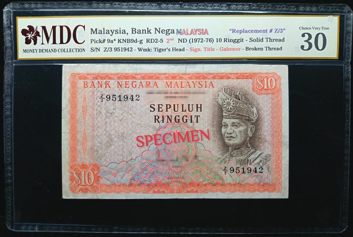 P#9a*. Malaysia. 10 Ringgit. 2nd Series 1972 - 76. Z/3 951942. Replacement #Z/3's. MDC 30