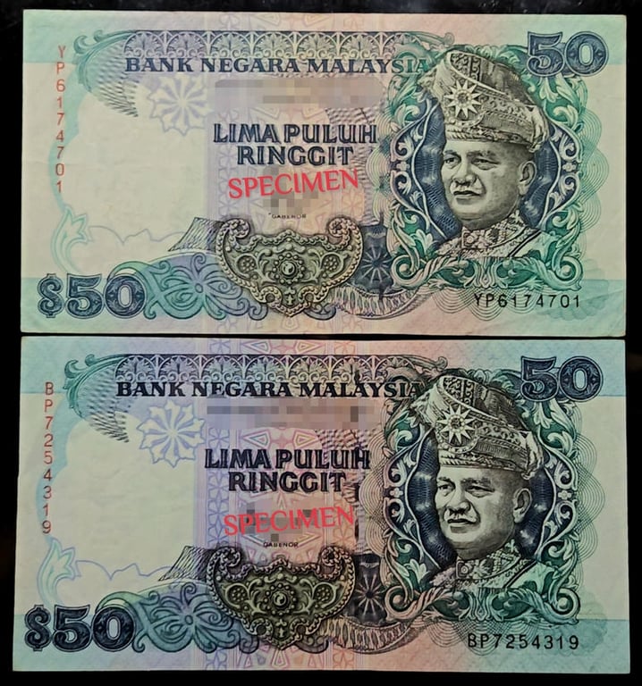 2pcs Lot: Malaysia. 50 Ringgit. 6th Series 1986. YP6174701 & 7th Series 1995. BP7254319 VF - EF