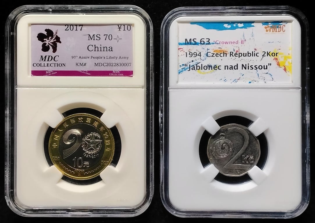 2pcs Mixed Lot: China / Czech Republic. 2017 / 1994 | 10 Yuan / 2 Kor | MDC MS 70 / MS 63