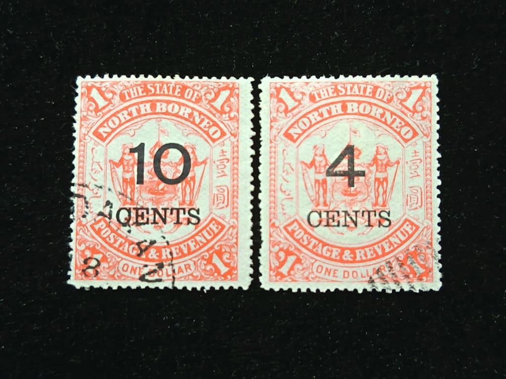 North Borneo，1895，1 Cent，Stamp Overprint ( 4 Cents & 10 Cents ) 2pcs，USED EF - AU，1 Qty 