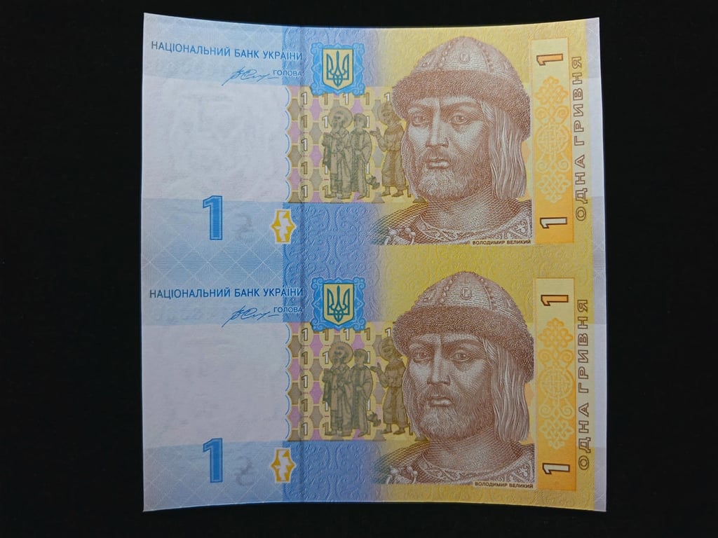 Ukraine，2014，1 Hryvnia，CA 9139360 - CA 8143360 ,Uncut 2 in 1，UNC，1 Qty 