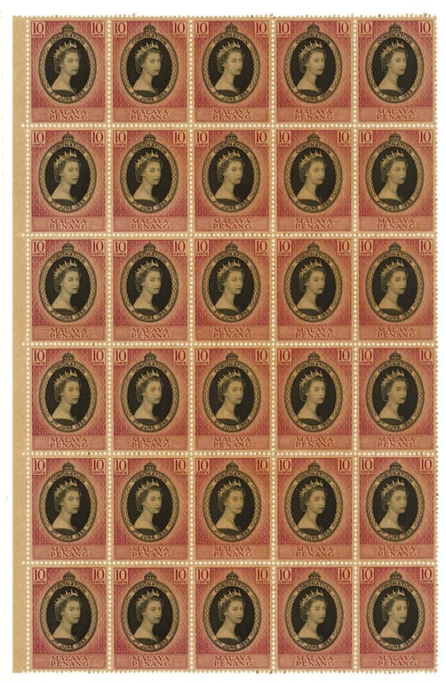 Penang, Malaysia, 1953, 10 Cents, Penang Queen Elizabeth II Coronation, Mint Part Sheet of 30 (6×5)